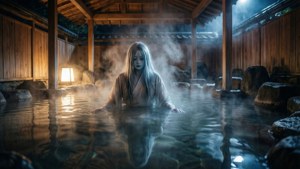 En yurei dukker op i et dampende onsen under nattehimlen.