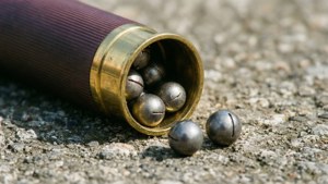 Uma visão macro de um cartucho de espingarda aberto com pelotas no concreto.