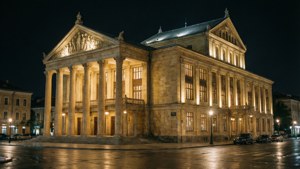 Grand stone theater lit at night with wet pavement reflecting lights. — Ankara Wallpaper
