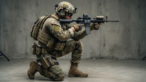 US Special Forces knælende skydeprofil med detaljeret udstyr og studiolys