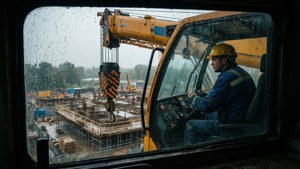 Gezichtspunt vanuit een mobiele kraancabine met regendruppels op het glas