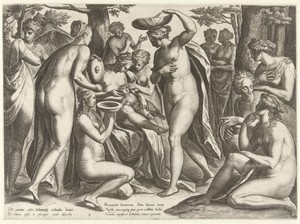 Opvoeding van Adonis by Philips Galle, created c. 1577 - c. 1581, in paper; engraving. Download this artwork as a high-resolution wallpaper for desktop, tablet, — Nature Picture