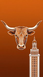 Abstrakt geometrisk tapet med UT Austin bränd orange och vit Longhorn och Tower.