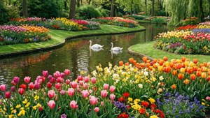 Bunte Blumenbeete und Schwäne im Oranjepark, Apeldoorn