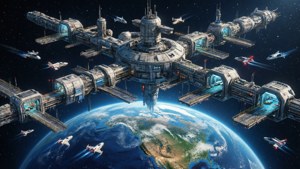 En futuristisk romstasjonsbase i bane rundt jorden med dokkingshavner og skyttelbusser.
