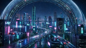 Cyberpunk-stad inuti en orbital ring med neonljus och flygande fordon på natten