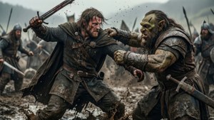 Turín Turambar kjemper mot orker på en gjørmete slagmark, brutal og kaotisk fantasy-krigs bakgrunnsbilde.