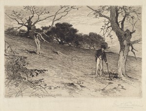 Orchard by George Henry Smillie, created 1883, in etching in black on Japan paper. Download this artwork as a high-resolution wallpaper for desktop, tablet, or — George Henry Smillie Wallpaper