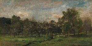 Orchard by Charles-François Daubigny, created 1865 - 1869, in canvas; oil paint (paint). Download this artwork as a high-resolution wallpaper for desktop, table — Charles-François Daubigny Wallpaper