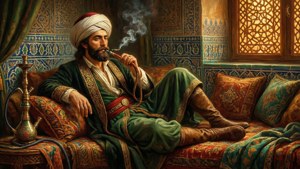 Lord Byron dalam pakaian Ottoman, bersantai dengan hookah, lukisan orientalis dengan warna hangat amber dan hijau.