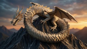 3D origami-drage på fjell ved solnedgang bakgrunnsbilde med dramatisk belysning.