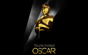 Golden Oscar statue with spotlight and invitation text on black background. — Oscar piastri Wallpaper