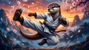 Uma pose de ação dinâmica de uma lontra antropomórfica em um karategi, com um dojo ao pôr do sol ao fundo.