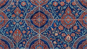 Levendig Ottomaans tegelpatroon met bloem- en geometrische motieven in blauw en rood.