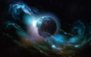 A blue planet surrounded by glowing cosmic nebulae in deep space. — The Outer Worlds 2 Wallpaper