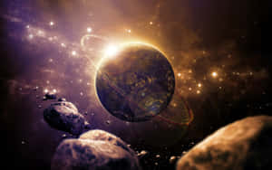 Planet with rings and symbols surrounded by asteroids and stars in deep space. — The Outer Worlds Picture