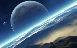 Alien planet rising over misty mountains at dawn with a small moon in the sky. — Starry Night Sky Picture