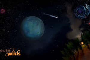 Spaceship flying past a blue planet with glowing alien plants and a nebula in space. — Outer Wilds Picture