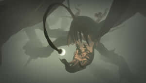 A dark creature holds a glowing orb and a tiny forest in its hand. — Outer Wilds Picture