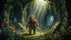 Dungeon Crawler Carl in een weelderige kerker overwoekerd met wijnranken en bloemen
