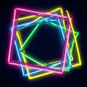 Flere overlappende neonrammer i pink, blå, grøn, gul.