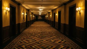Um saguão de hotel simétrico e assustador com padrões geométricos e iluminação dourada e quente, inspirado na cinematografia de filmes de terror.