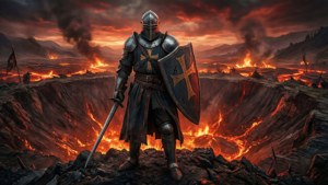 Episk lavvinkelutsikt av en korsfarer på toppen av et krater, som overskuer et brennende grøftelandskap.