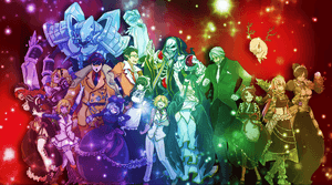 Anime characters in colorful outfits against a sparkling red starry background. — Anime Evil Wallpaper
