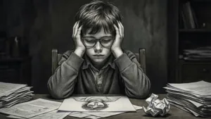 Child overwhelmed by homework at cluttered desk with crumpled paper.