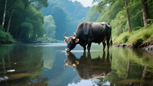 An ox drinking from a forest river.