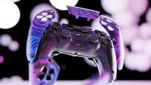 Futuristische gamecontroller met paarse blauwe wervelingen zwevend in een donkere gloeiende omgeving.