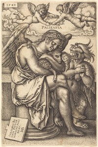 Pacientia (Patience) by Hans Sebald Beham, created 1540, in engraving. Download this artwork as a high-resolution wallpaper for desktop, tablet, or mobile. — Hans Sebald Beham Wallpaper