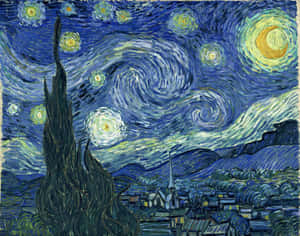 Vila sob um céu estrelado rodopiante com um alto cipreste. — Plano de fundo Paint Splash Fundos