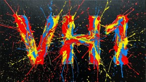 Logo VH1 formé par des éclaboussures de peinture colorées sur toile, fond d'écran expressionnisme abstrait