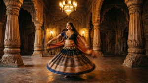 Nilou esegue una danza tradizionale in una sfarzosa sala del palazzo di Sumeru con luce calda.