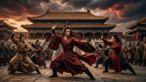 Episk wuxia-kampscene i et gammelt kinesisk palass under stormfull himmel, i Shaw Brothers Studio-stil.