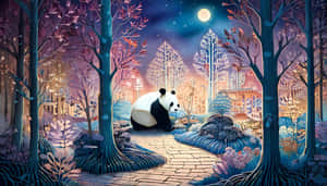 Panda in enchanted forest at night with glowing trees and distant city lights. — Night Sky Wallpaper