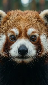 Un retrato en primer plano del panda rojo con ojos grandes y pelaje esponjoso.