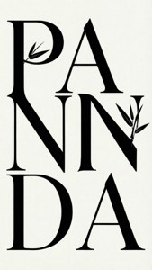 Minimalistisk typografisk bakgrunn med 'PANDA'-tekst og bambusblad.