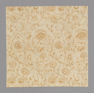 Panel by Thomas Wardle, created Design c. 1894, in Cotton, plain weave; block printed; embroidered with silk in buttonhole and stem stitches. Download this artw
