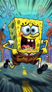 Svampebob Firkant løper ned en gate med et panisk uttrykk.