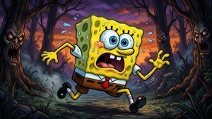Svampebob løper redd gjennom en hjemsøkt skog med glødende øyne og knudrete trær.