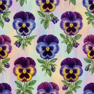 Repeating pansy flowers with green leaves on a soft pastel gradient background. — Pansy Wallpaper