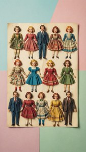 Vintage paper dolls in vintage outfits arranged in rows on a pastel background.