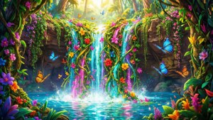 Air terjun berwarna-warni dari tanaman merambat dan bunga di hutan Jumanji.