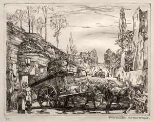 Paris Gate by Frank Wilcox, created c. 1923, in etching. Download this artwork as a high-resolution wallpaper for desktop, tablet, or mobile. — Frank Wilcox Wallpaper