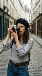 Ashley Greene em Paris com câmera vintage, rua de paralelepípedos e boina.