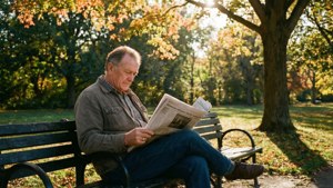 Jerry Moran läser i en höstpark.
