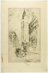 Park Row by Joseph Pennell, created 1904, in Etching on ivory laid paper. Download this artwork as a high-resolution wallpaper for desktop, tablet, or mobile. — Illustration Wallpaper