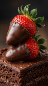 Fragole parzialmente intinte su torta al cioccolato.